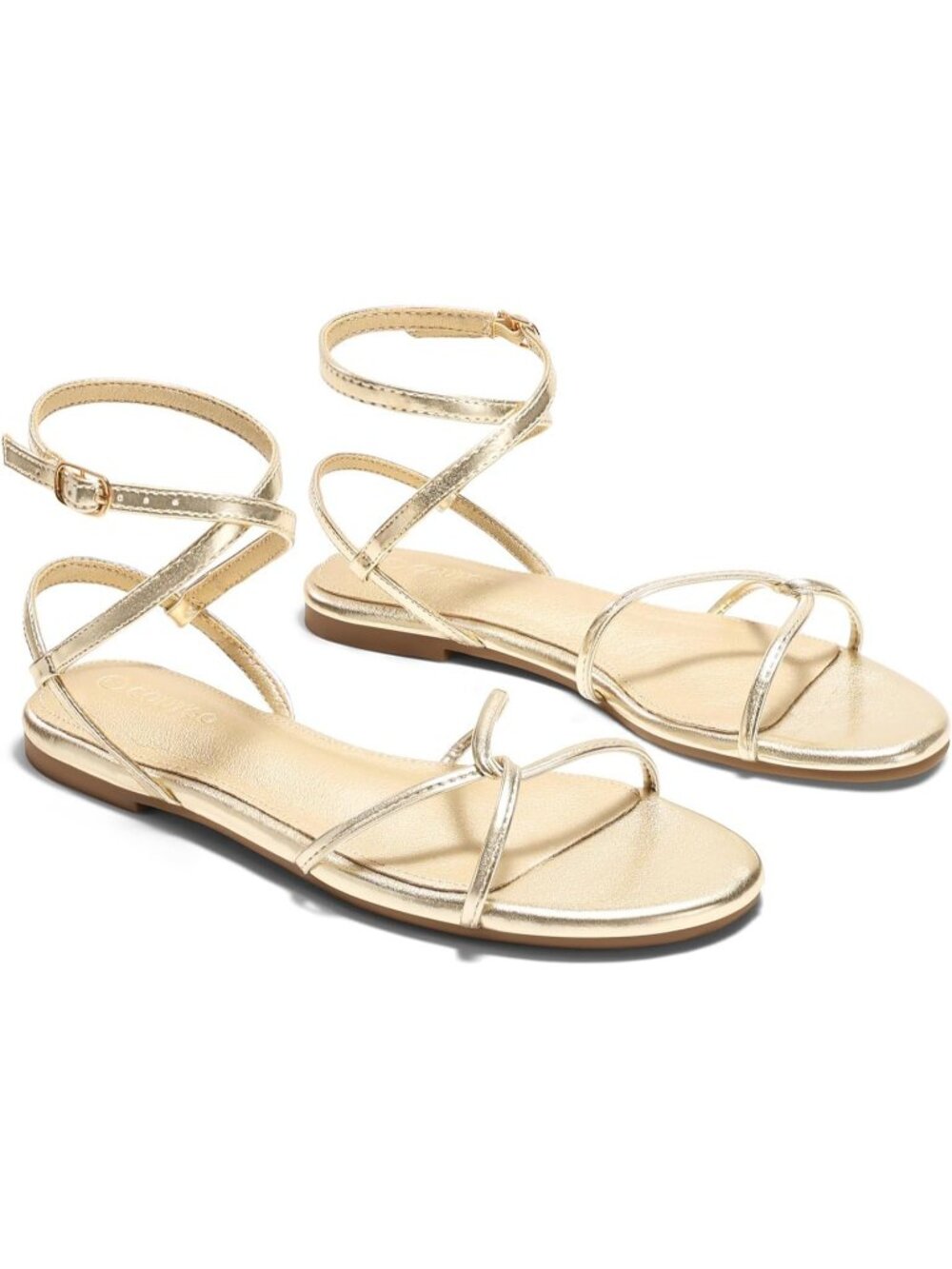 Women's Gold Strappy Flats Open Toe Cross Lace Up Buckle Ankle Strap Sandals